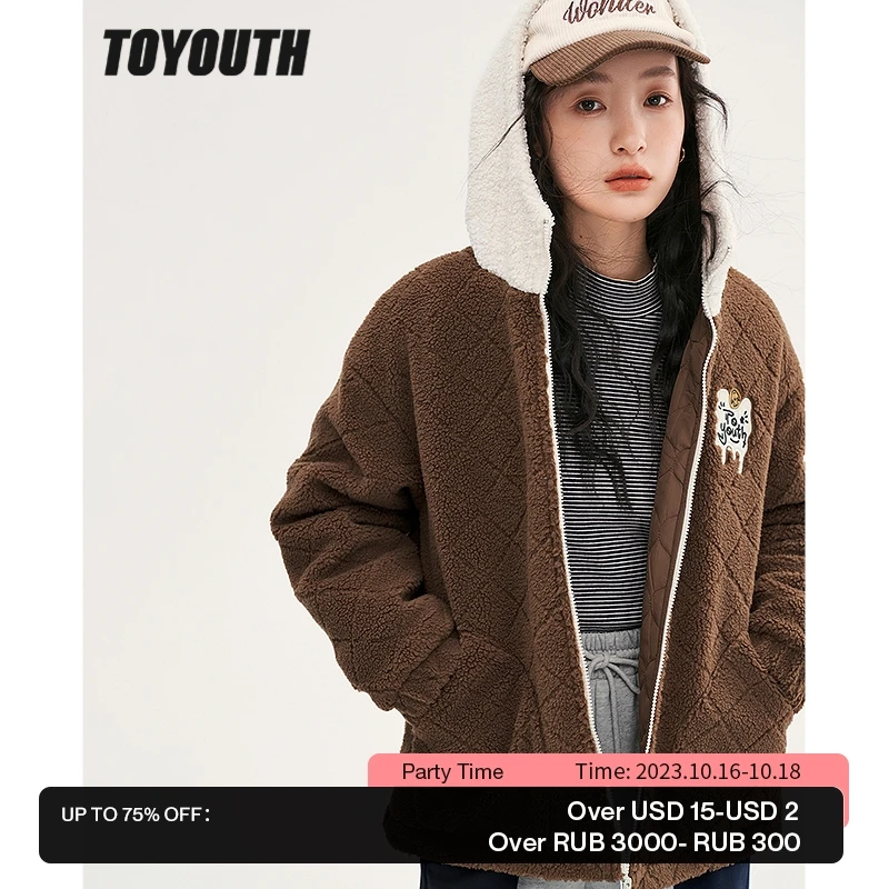 

Toyouth Women Thick Plush Coat 2022 Winter Long Sleeve Loose Jacket with White Hat Windproof Warm Large Pocket Outwear Tops