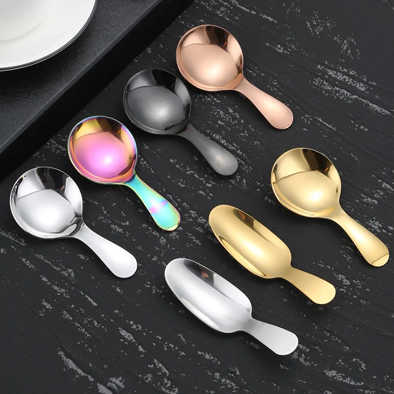 

high-capacity 304 Stainless Steel Short Handle Round Head Spoon Baby Ice Cream Dessert Spoon Mini Tea Spoon Kitchen Accessories