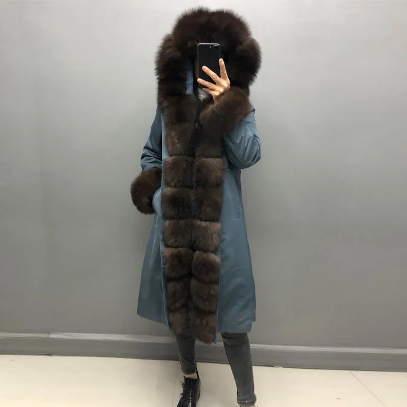 Real Rabbit Fur Lining Winter Warm Real Fox Fur Fur Collar Long Hooded Fur Coat Women 's Winter Fox Fur Parka Coat , Jacket enlarge