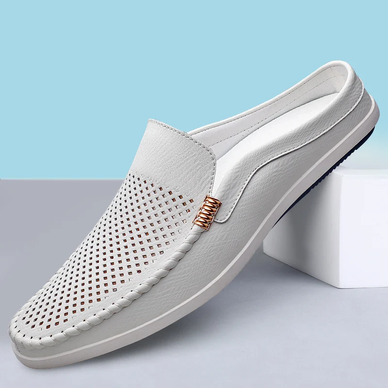 

Summer Half Shoes For Men 2023 Leather Driving Casual Shoes Backless Men's Loafers Slippers Mules Sandals Slip-On Flats Slides