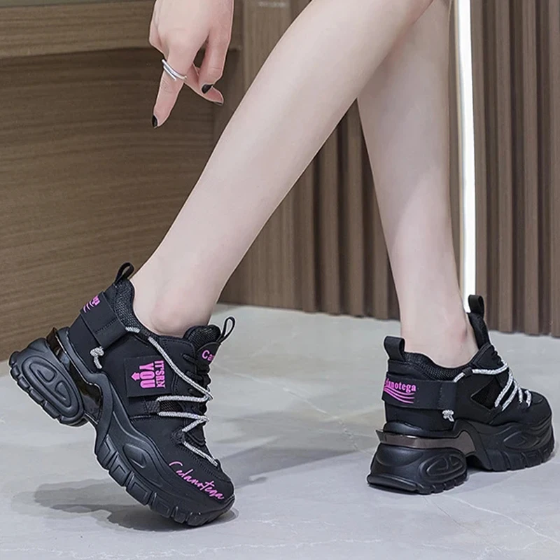 2023 Comfy 10.5cm Air Mesh Hollow Female Platform Wedge Chunky Sneakers Genuine Leather Rhinestone Fashion Summer Women Shoes