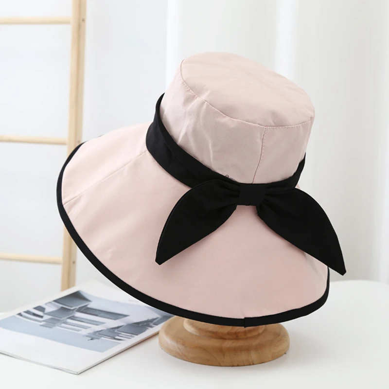 

Spring Summer New Bandage Bow Beach UV Anti Sun Cap Foldable Fashion Large Brim Bucket Hat for Women Fisherman Hat