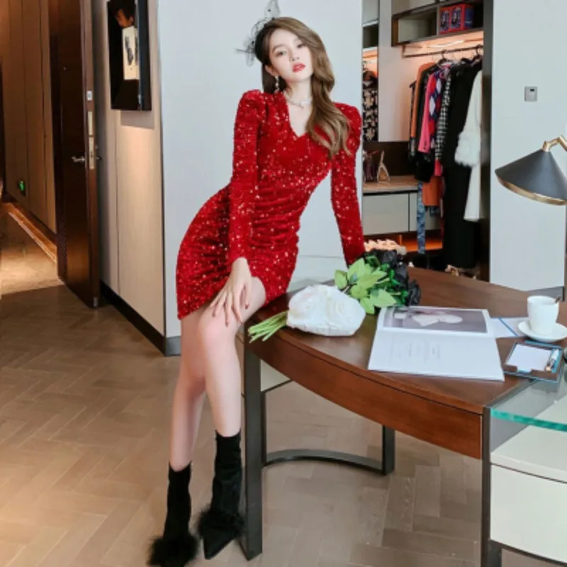 

DALMAZZO Spring Fall French Vintage Sequins Party Mini Dress Women V Neck Elastic Waist Pack Hip Dresses Female