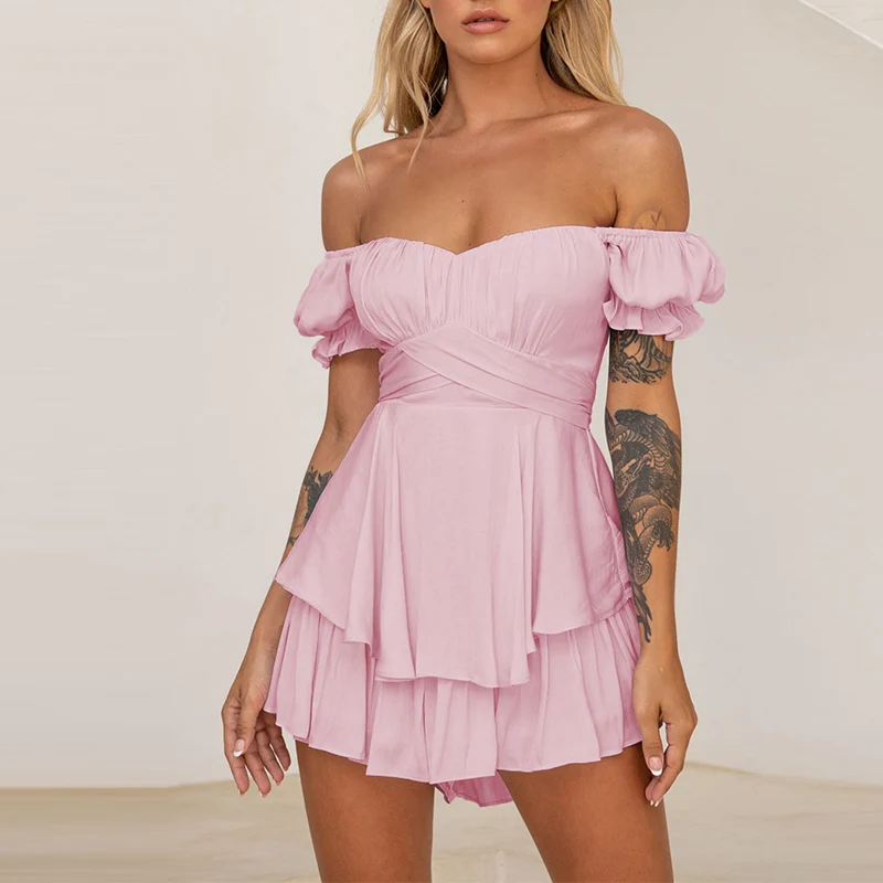 

Off Shoulder Lantern Sleeve Women's Jumpsuits Sexy Ruffle Printing Lace-up Female Rompers 2022 Summer Fashion Sweet Lady Clothes