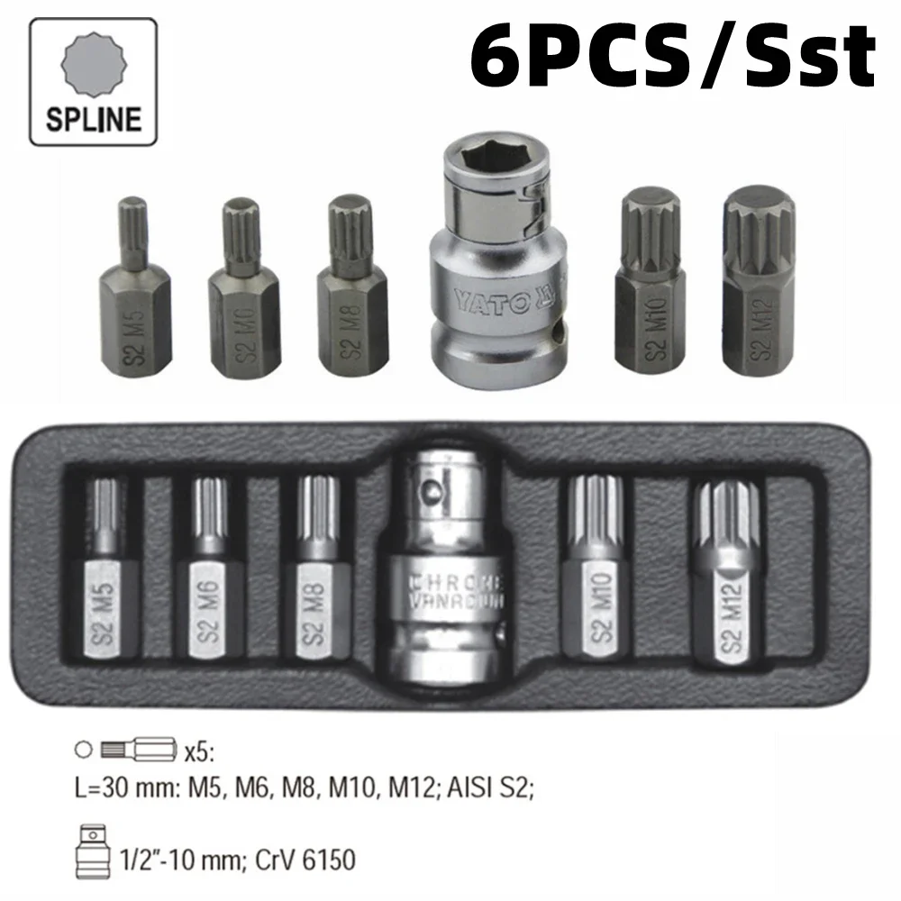 

6 in 1 Torx Screwdriver Bits 12 Point Spline 10mm Hex Shank Impact Bit M5 M6 M8 M10 M12 with 1/2" Drive Socket Adapter