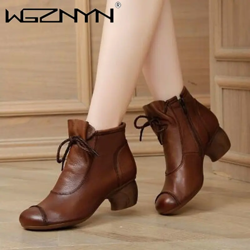 

Женские ботильоны в этническом стиле, удобные водонепроницаемые ботинки из искусственной кожи на мягкой подошве в стиле ретро, Осень-зима ...