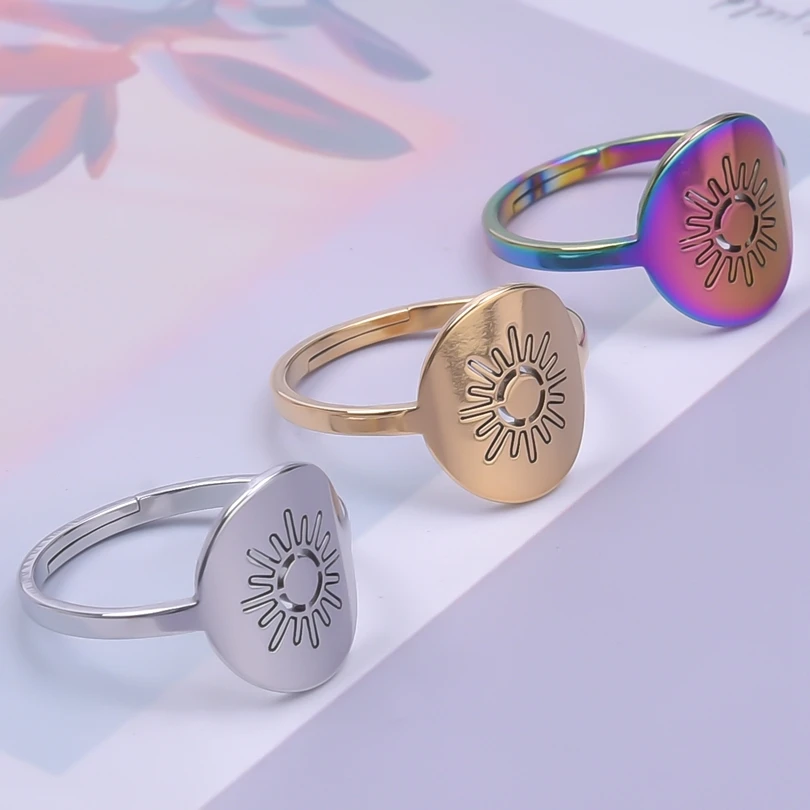 

Round Sun Charm Ring Vintage Finger Jewelry Open Adjustable Stainless Steel Rings For Women Men Accessories Ethnic Bohemian Gift
