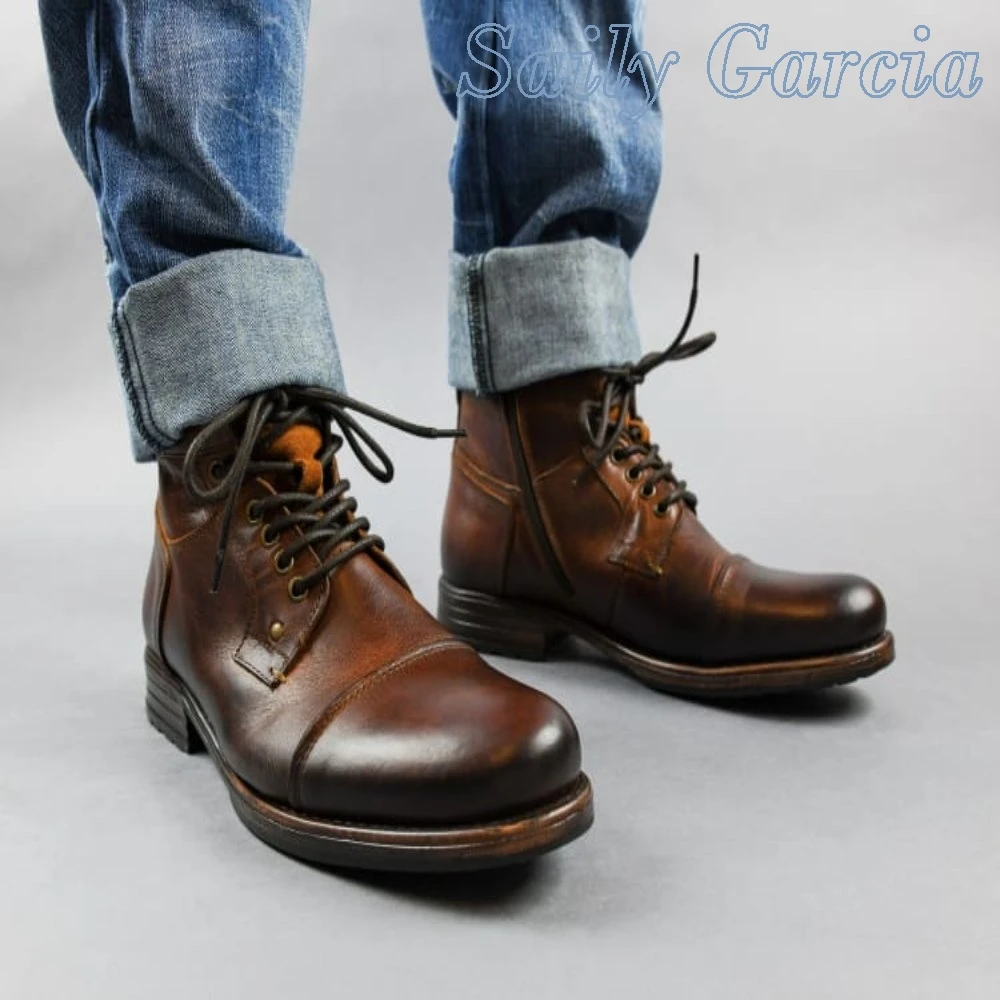 

Retro Brown Solid Leather Ankle Boots Winter Round Toe Fashion Men Lace Up Side Zipper Splicing Sewing Cowhide 2022 Hot Shoes
