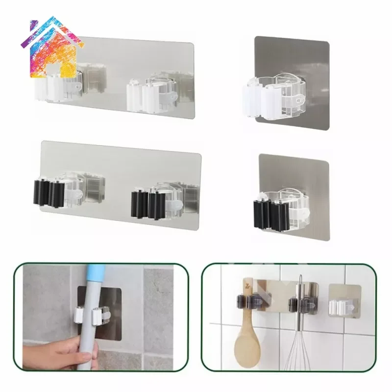 

Bathroom Adhesive Multi-Purpose Hooks Wall Mounted Mop Organizer Holder RackBrush Broom Hanger Strong Hooks