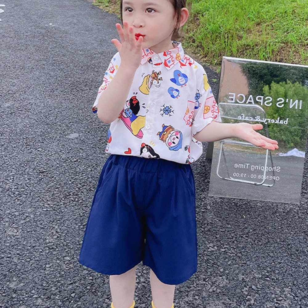 

VigoAnne 2022 Girls Summer Set Short Sleeve Cartoon Print Top Single Breasted Tops Solid Loose Shorts 2pcs Children Clothes