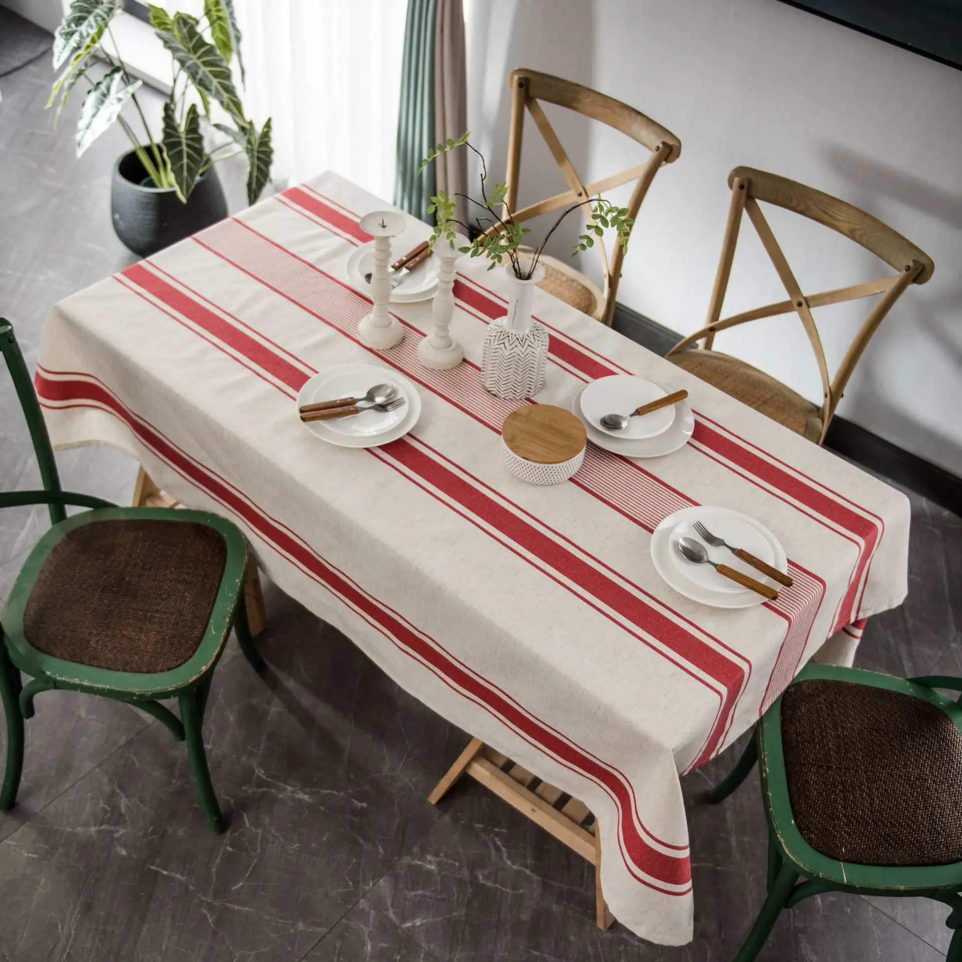

Cotton Linen Table Cloth Yarn-Dyed Striped Japanese Coffee Rectangular Tablecloth Housewares Kitchen Dining Decor Table Cover