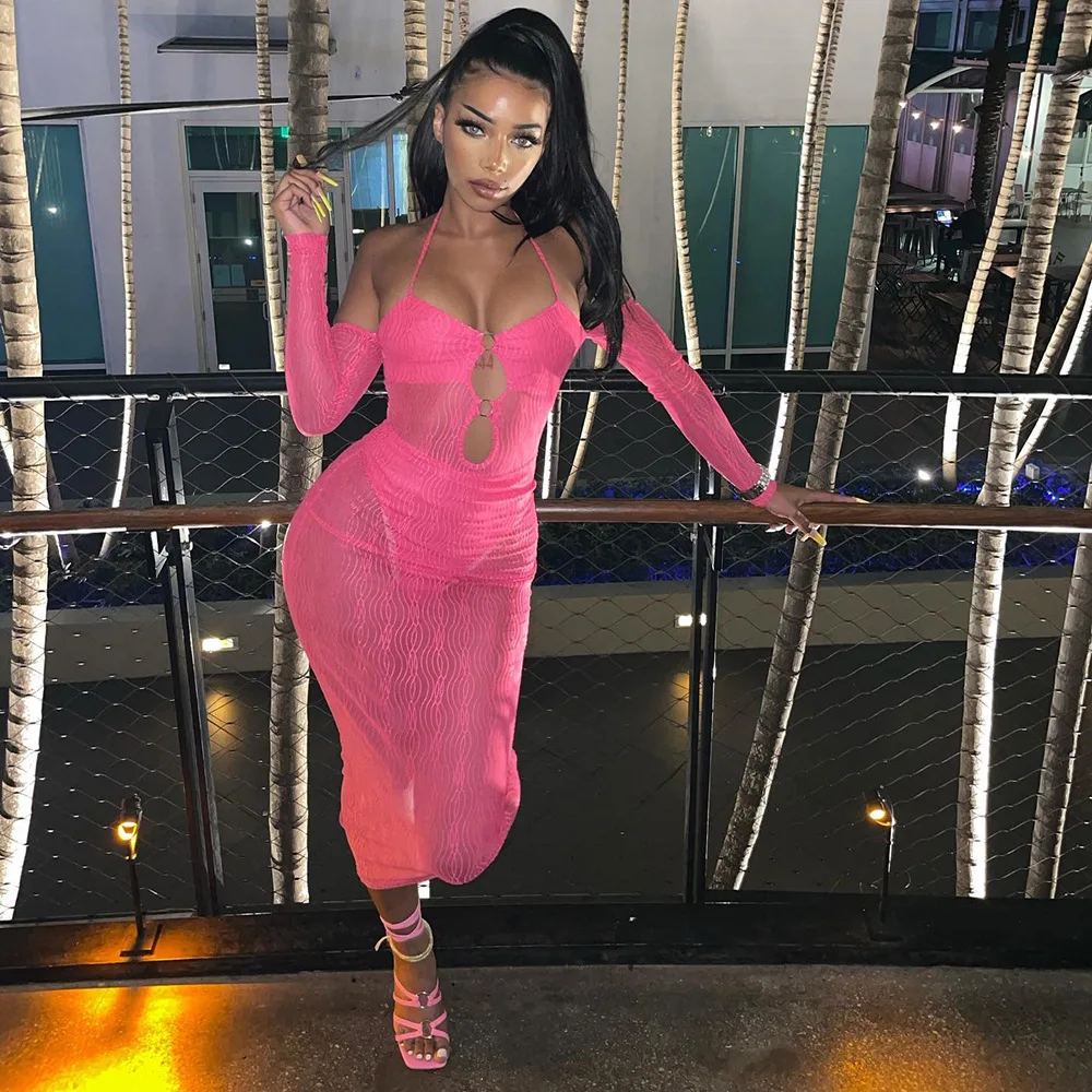 

Casual Women Slash Neck Dress Hollow Out Full Sleeve Solid Color Streetwear Party Night Clubwear Dresses For Women Vestidos