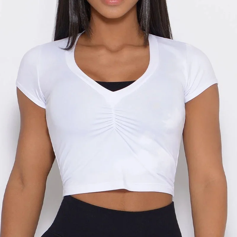 

New Wrinkle Sports Top Women's Feeling Exposed Navel V-neck Running Fitness Short Sleeve Tight Elastic Yoga T-shirt Yoga Vest