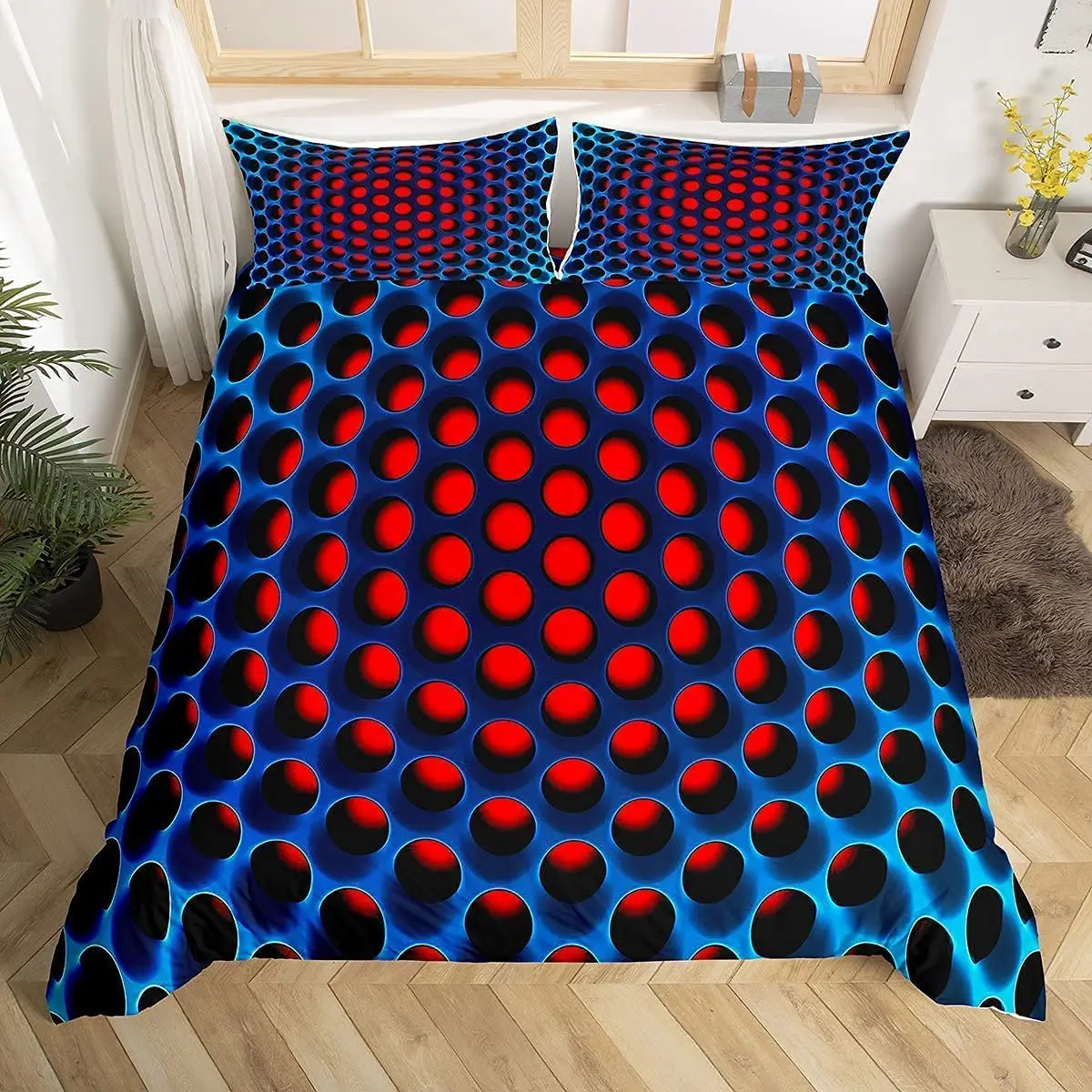 

3D Honeycomb Geometric Duvet Cover Stereoscopic Dense Hole Boys Kids Bedding Set Blue Red Circle Comforter Cover Microfiber
