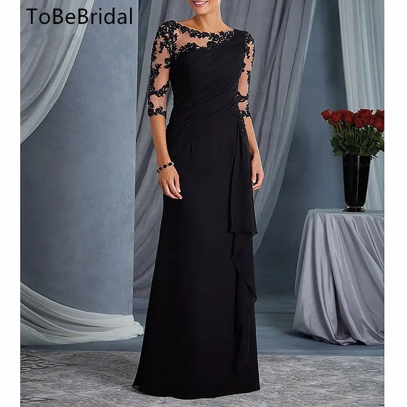 

Элегантное Черное вечернее платье, свадебное платье с рукавом 3/4, шифоновое Королевское синее платье для матери, для гостей свадебной вечеринки, выпускного вечера