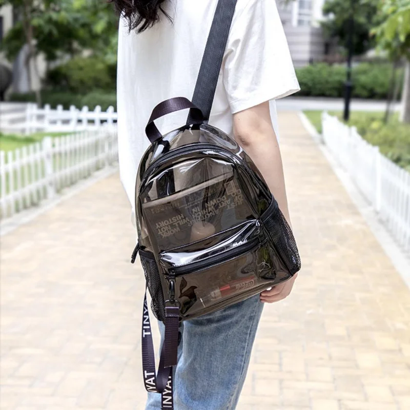 

Clear PVC Women Jelly School Bags with Black Zipper Inside Pocket Solid Color Transparent Backpack Travel for Girls