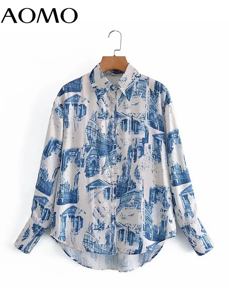 

AOMO Women Print Loose Blouse Shirt Long Sleeve 2022 Chic Female Top 5D48A
