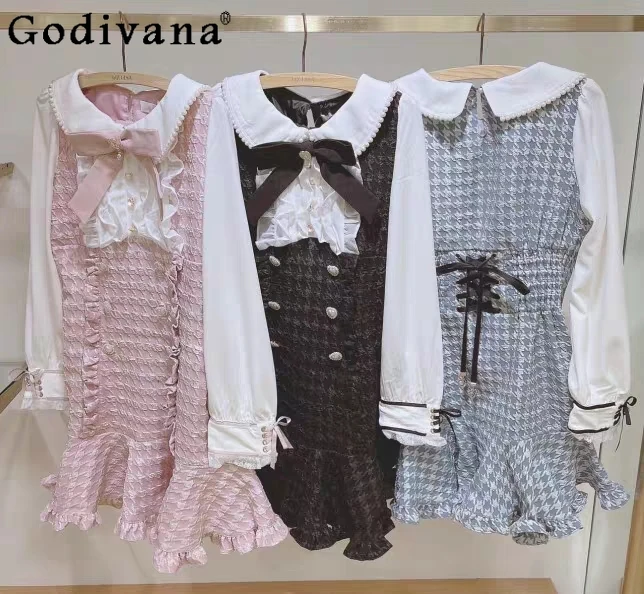 Платье женское летнее в сеточку милое приталенное короткое японском стиле с