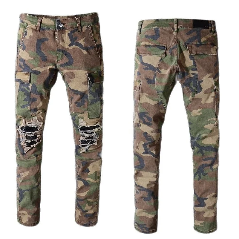 

Distressed New Slim Fashion Fit Camouflage Cargo Pants Streetwear Men Zippers Pockets Skinny Stretch Patches Bikers Ripped Jeans