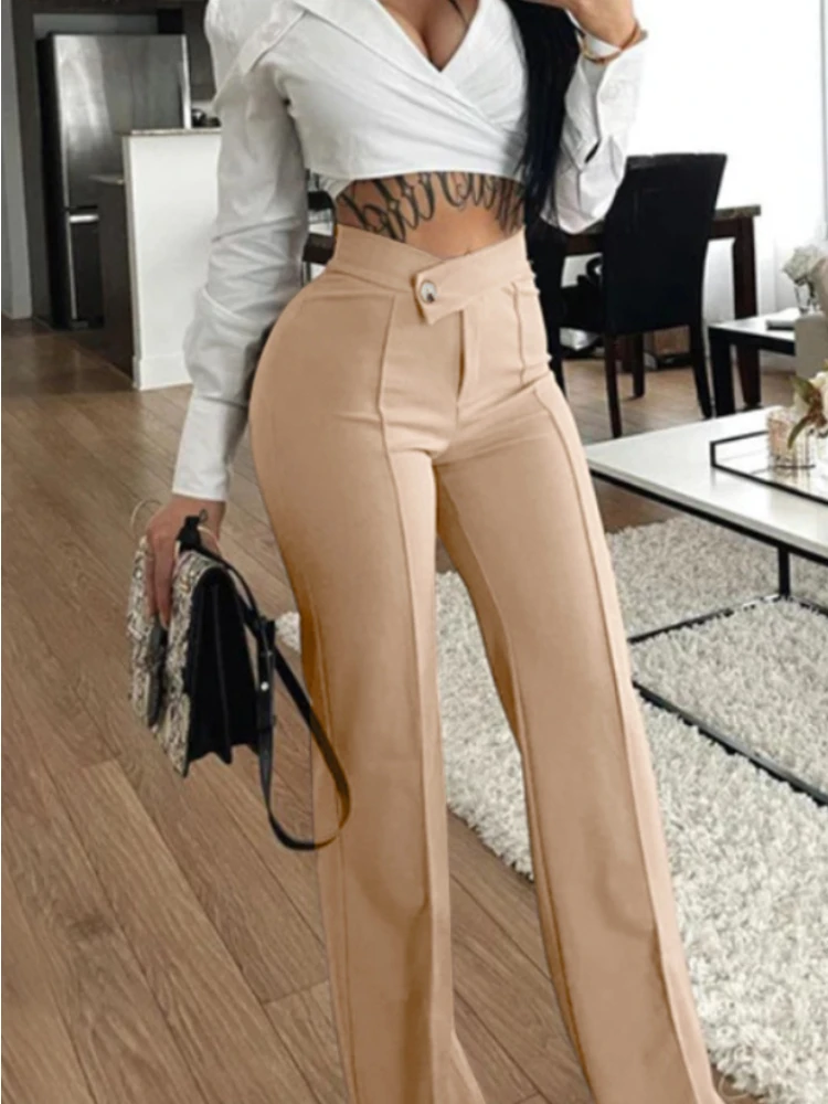 

Elegant Floor Length Pants Women High Waist Full Length Wide Leg Slim Fit Basic Trousers Office Work Daily Bottoms
