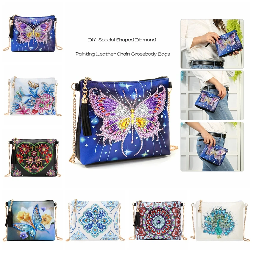 DIY Flower Butterfly Leather Wallet Special Shaped Diamond Painting Chain Shoulder Bag Women Clutch Coin Purse Diamond Art Gift