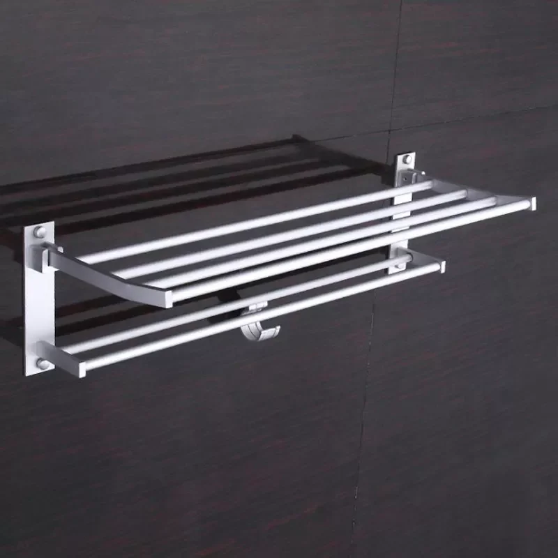 

2022New High Qulaity Aluminum Storage Racks Shelf Foldable Towel Holder Mounted New Organizer Hook Wall Clothes Bathroom Shelf