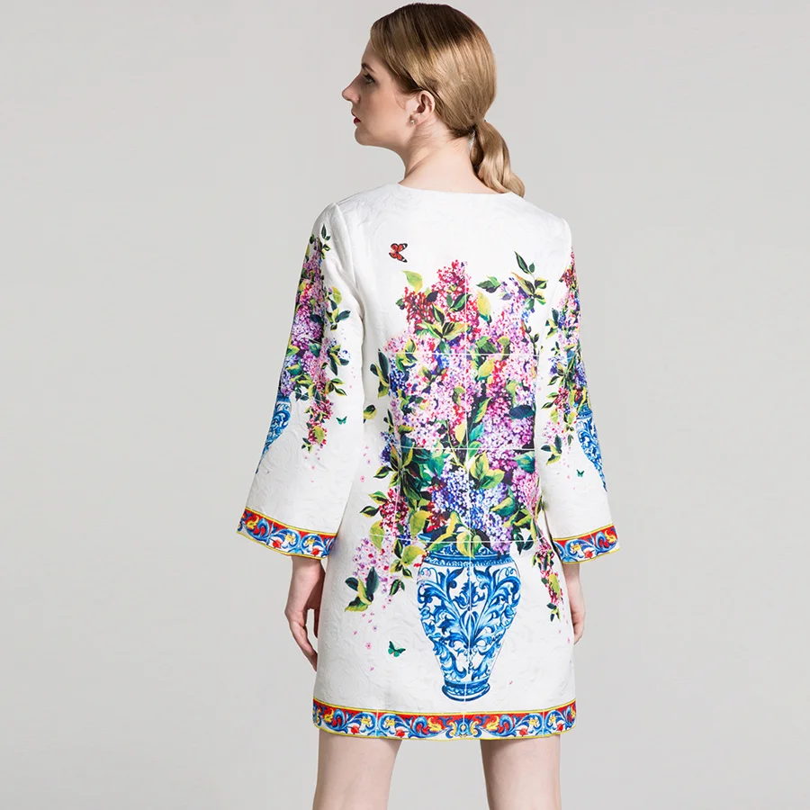 

Spring UK Vintage Coat Fall Winter Women Full Sleeve Scarf Flower Vase Beading Print Jacquard Long Designer XXL Coats