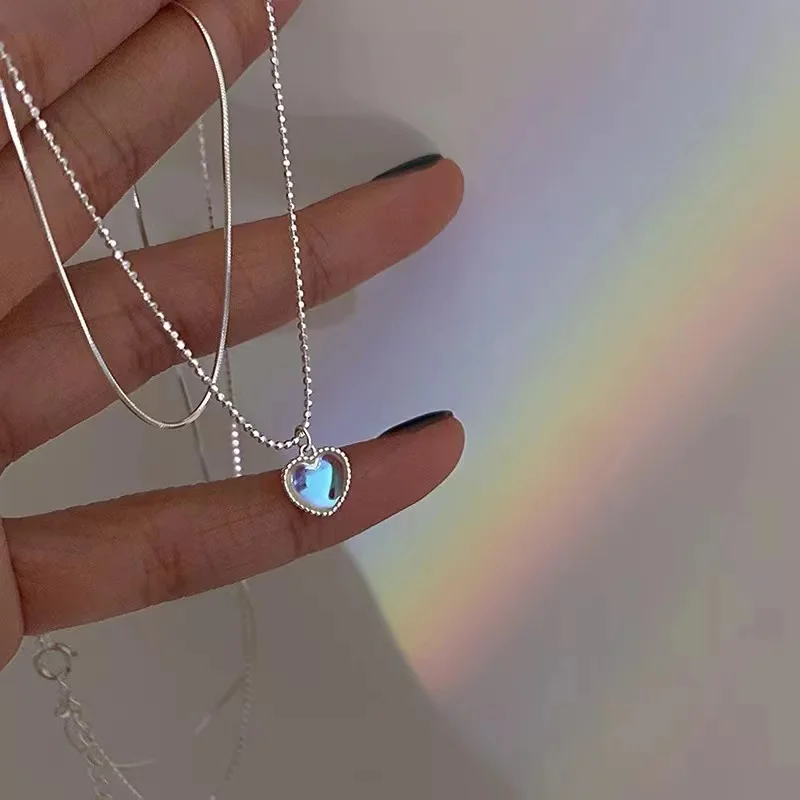 

New Fashion Trend Double Layer Moonstone Elegant Delicate Love Pendant Necklace Women's Wedding Jewelry Party Gift Wholesale