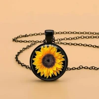 cute fashion sunflower art pattern handmade glass pendant necklace for women charm jewelry wholesale