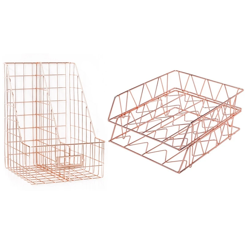 2 Pcs Desktop File Organizer Letter Tray Paper Holder Rack & 1 Desk Mesh Book Shelf |