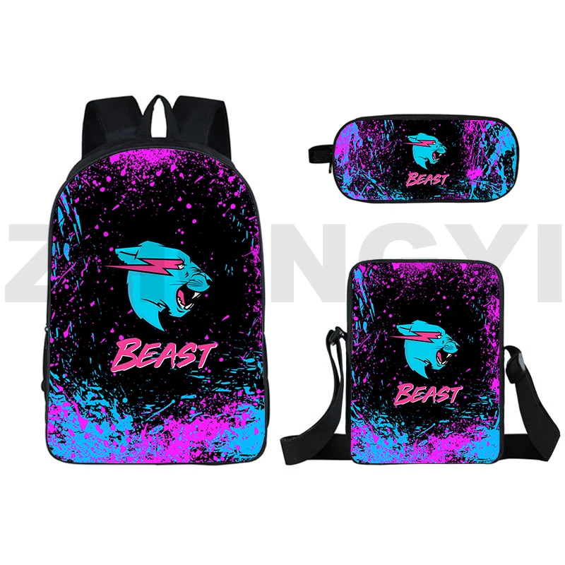 

Mens Quality Nylon Laptop Mochila 3 Pcs/Set Mr Beast Lightning Cat 3D Print Backpacks Boys Girls Kawaii Cartoon Big Schoolbag