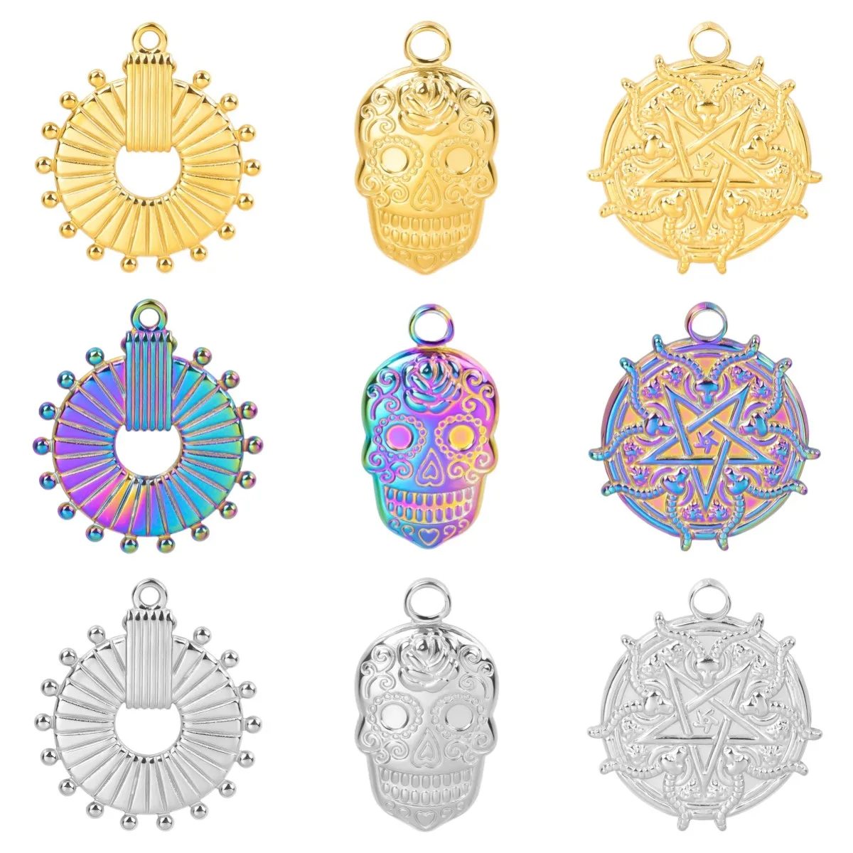 

10pcs/Lot Stainless Steel Charms Skull Head/Fan/Five Point Star Pendants Bracelet Necklace Earring Jewelry Fashion DIY Accessory