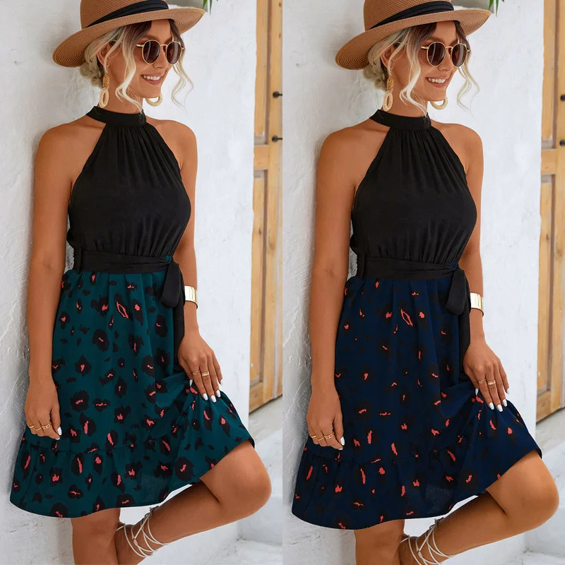

2023 Women's Summer New Hanging Neck Panel Dress Ladies Sleeveless Elastic High Waist Sexy Cool Vacation Dress