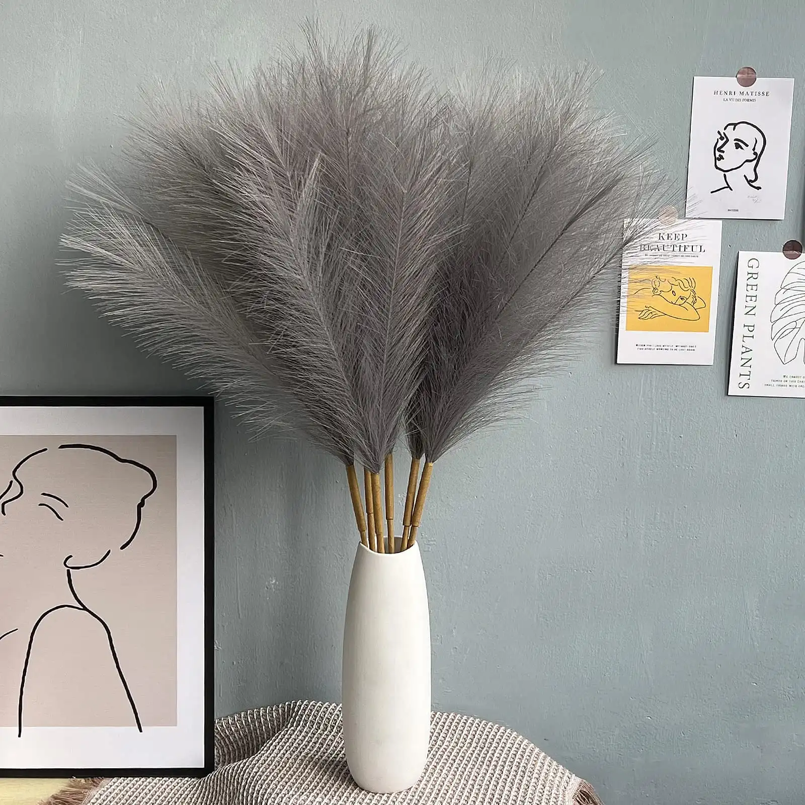 

Pampas Grass Decor-Faux Pampas Grass Small 28"-2 in 1 Combination 6 Stems Pampas Floral-Taupe