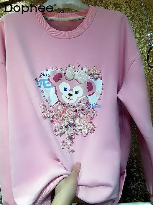 

High Quality Pink Cartoon Bear Hoodie Women Heavy Beads Sequined Flower Brushed Hoody Top Loose Casual Student Sweatshirt Kawaii
