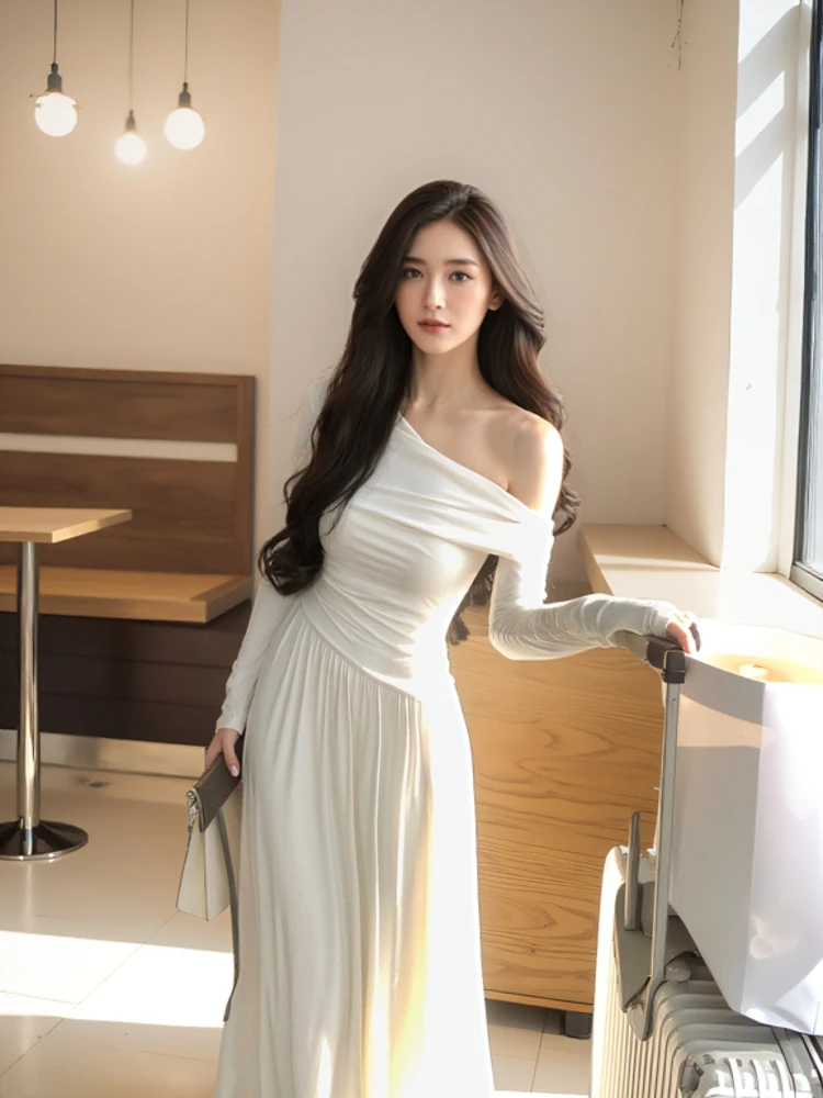 Сексуальное трикотажное платье с открытыми плечами и длинными рукавами женское