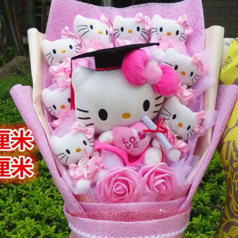 

Sanrio Hello Kitty Plush Stuffed Bouquet With Graduation Hats Handmade Doll Cute Soap Flower Rose Flower Bouquet Birthday