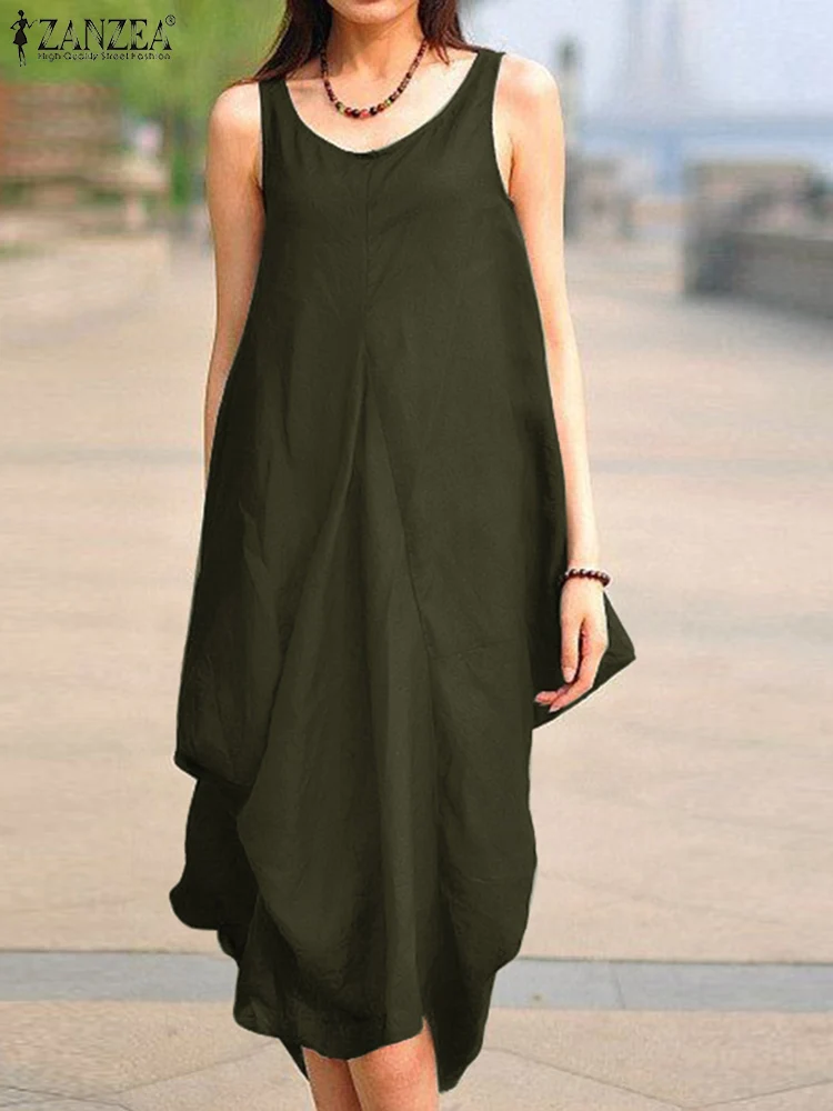 

ZANZEA Sleeveless O-Neck Pockets Midi Sundress Women Summer Solid Color Tank Dress Elegant Casual Holiday Beach Sarafans Vestido