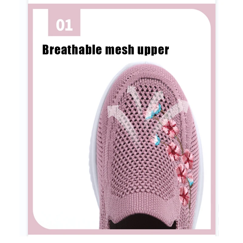 Weightlight mom mesh Wedges sneakers women emboridery flower flats female footwear breathable summer tennis loafers
