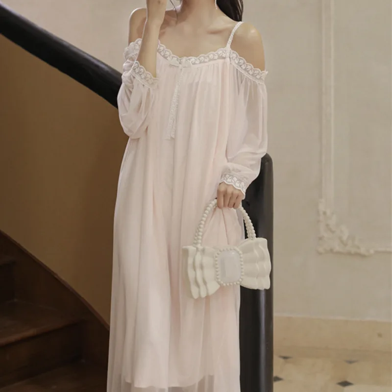 Long Night Dress Women Lace Mesh Sexy Strap Sleepwear Nightgowns Homewear Long Sleeve White Princess Sleepshirt Spring Nightwear