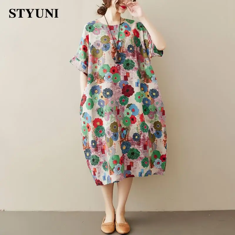 

Flowers Print Indie Folk Cotton Linen Loose Waist Women's Dress 2022 Short Sleeve Vintage Round Neck Mid-Calf Dresses For Women