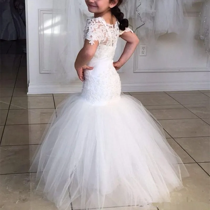 

Girls Short Sleeves Pageant Dresses Mermaid Kids Pricess Lace Flower Girl Dresses For Teens Formal Holy First Communion Gown