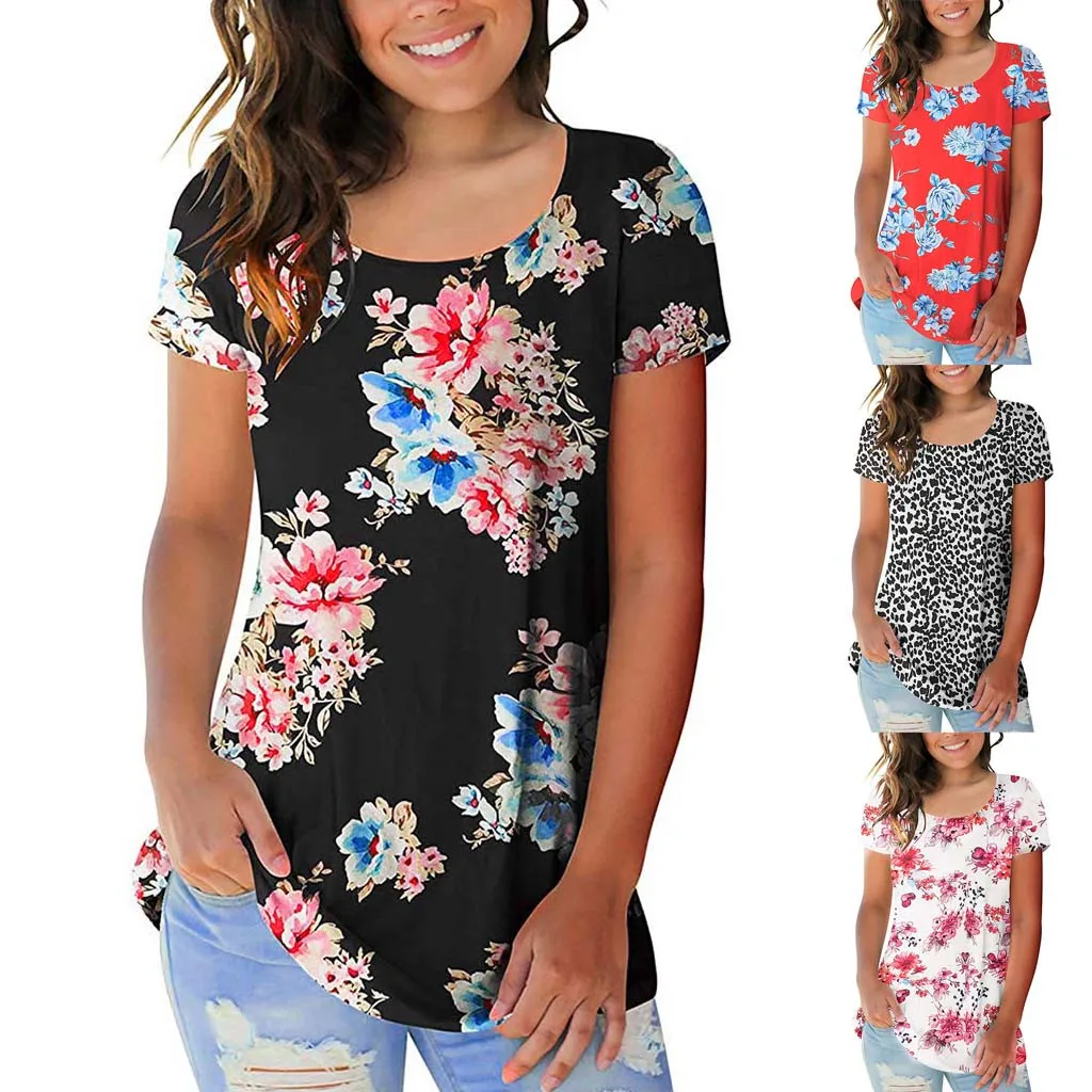 

Women Short Sleeve Scoop Neck Floral Print T Shirt Casual Tops Blouse Ladies Work Shirts Blouses Womens Business Casual Tops