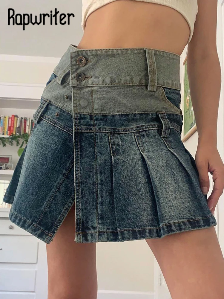 

Юбка-мини джинсовая Асимметричная плиссированная с завышенной талией, в стиле преппи