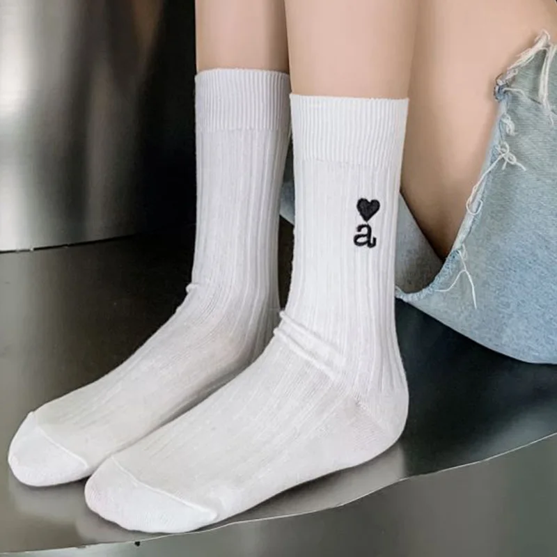 6 Pairs Sweet Striped Letters Socks Women Fashion Long Winter Cotton Heart Socks Soft Comfortable Chaussette Femme Korean Style