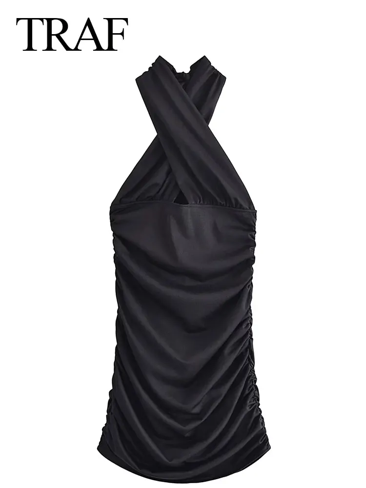 

TRAF Ladies Summer Black Sling Pleated Dress Cross Sexy Bow Sleeveless Backless Elegant Slim Street Women's Party Club Clothing