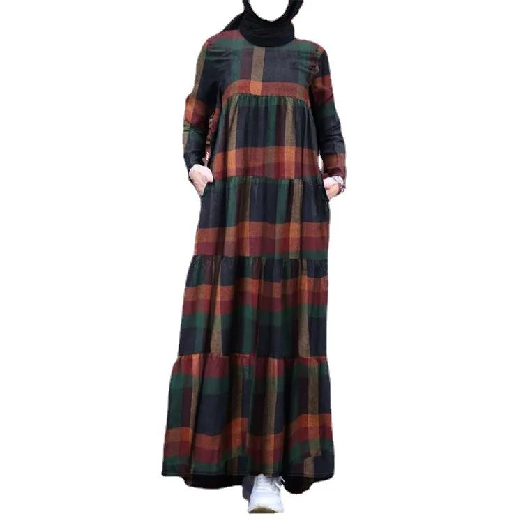 Повседневное мусульманское женское платье в клетку, островные Абайи с круглым вырезом, Арабская Женская одежда, молитвенная одежда Eid Al-Adha