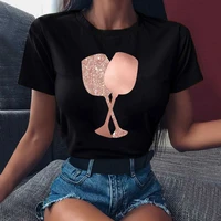 women t shirts rose gold wine glasses print white and black t shirts summer casual short sleeve loose tshirt female tops tees