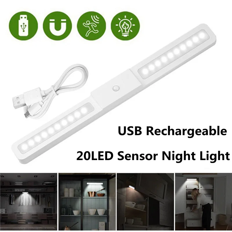 20 LED Night Light USB Rechargeable Infrared PIR Motion Sensor Light Lamp For Cabinet Closet Wardrobe Stair Kitchen Bedroom