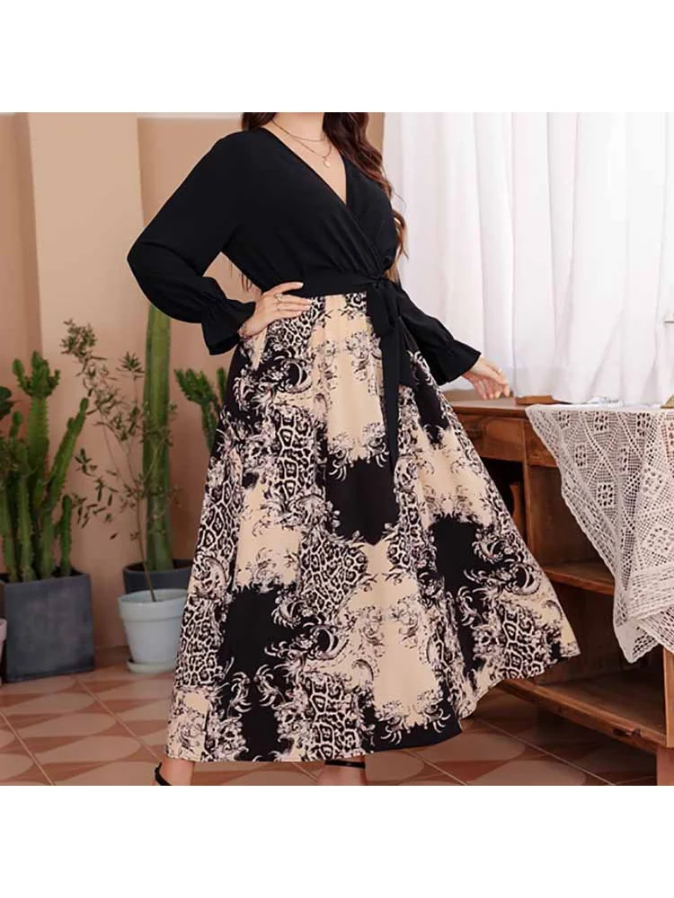 Long dress pullover elastic waist lace chiffon print sexy V-neck dress for women plus size dress  party dress  evening dresses